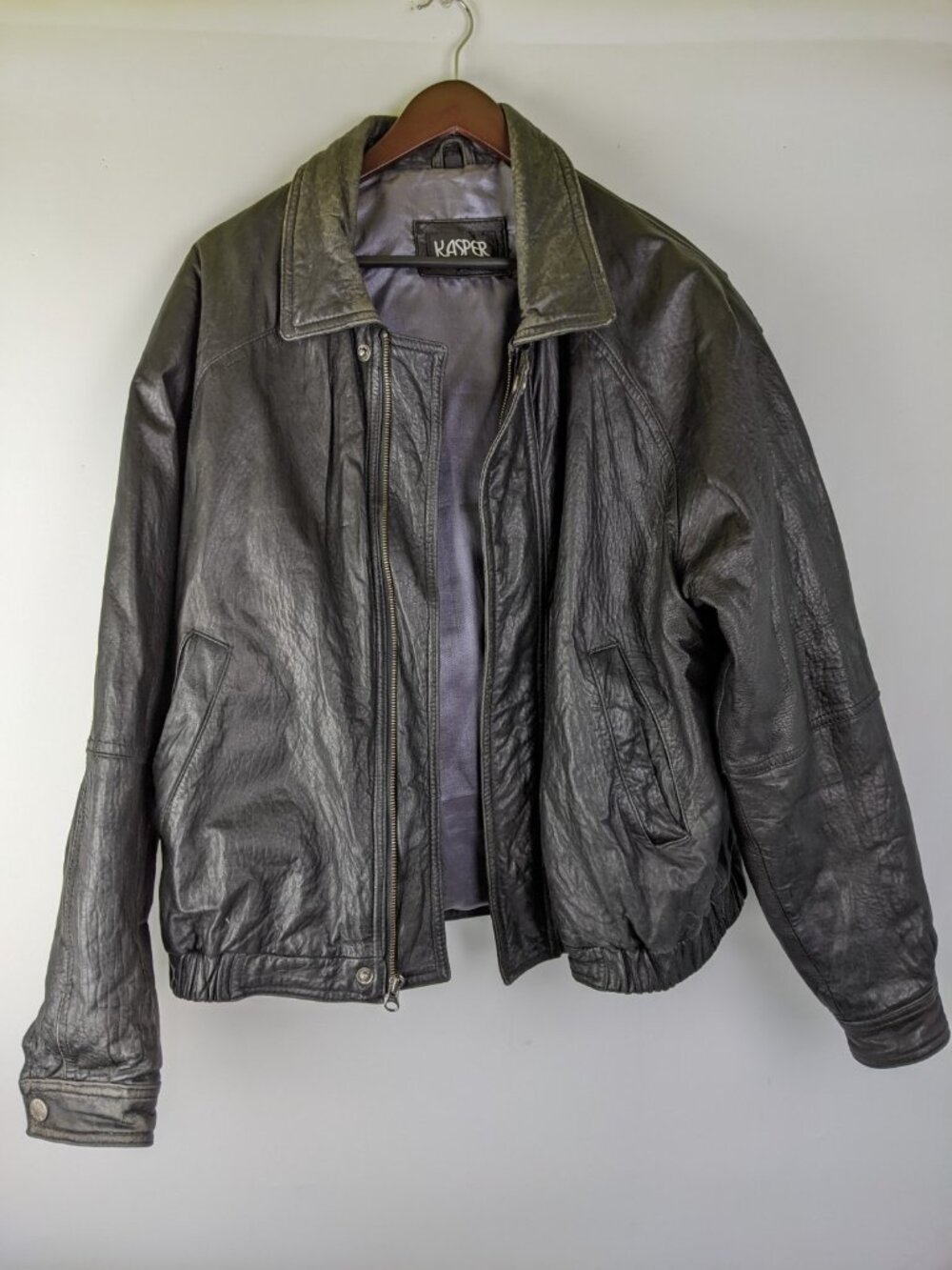 Vintage Kasper Black Leather Jacket Mens Size XL Biker Bomber 90s Y2K